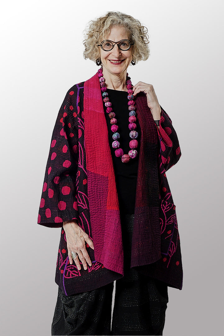 OVERDYED POLKA DOTS & LEAVES KANTHA A-LINE JACKET - dl4003-fus -