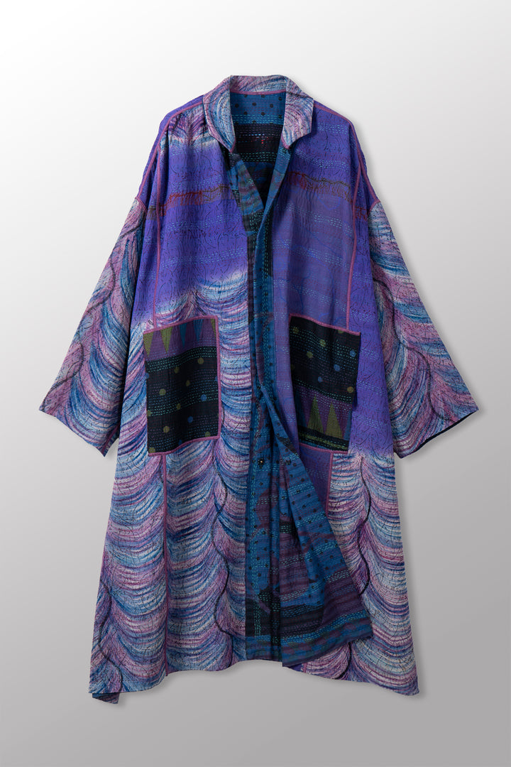 VINTAGE SILK GEORGETTE COTTON KANTHA NEW OVERSIZED COAT - gc2342-0002a -