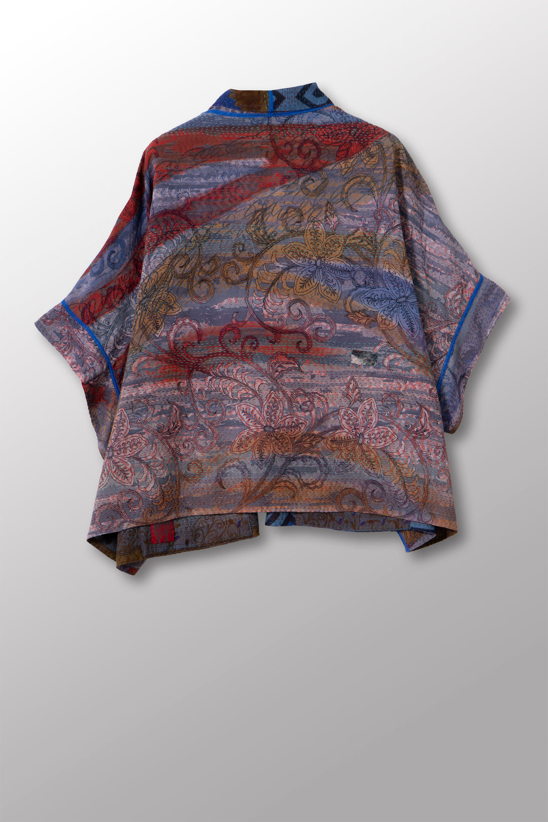 VINTAGE SILK GEORGETTE COTTON KANTHA MINI PONCHO - gc2060-0006a -