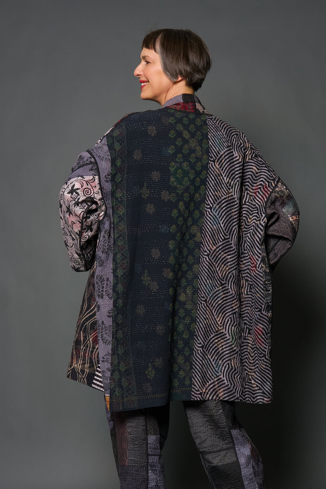 JACQUARD SILK KANTHA KAFTAN JACKET MEDIUM - js4089-blk -