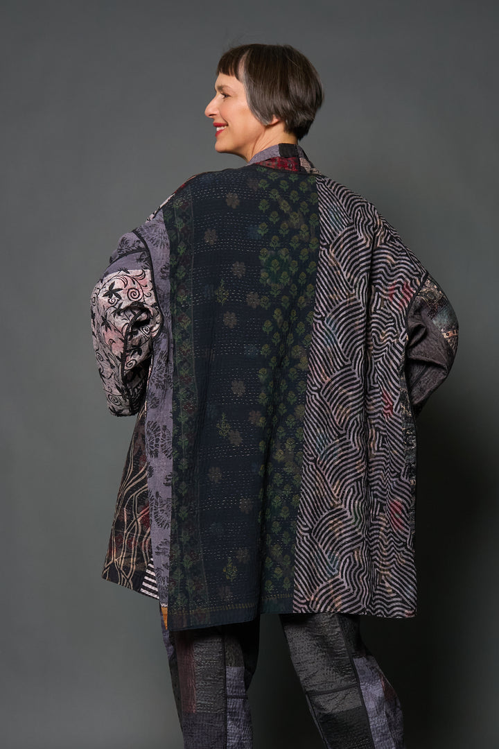 JACQUARD SILK KANTHA KAFTAN JACKET MEDIUM - js4089-blk -