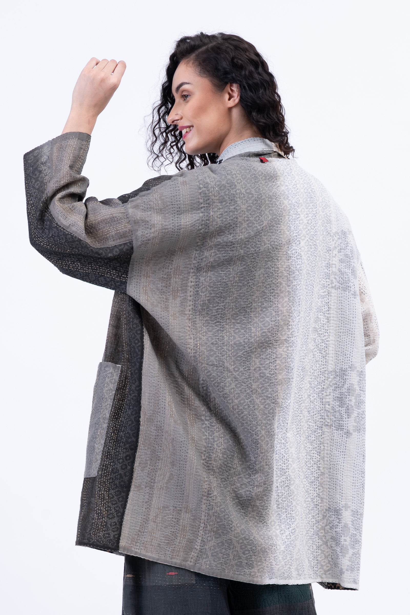 KIMONO COTTON KANTHA HAORI JACKET - kc2068-gry - – Mieko Mintz US