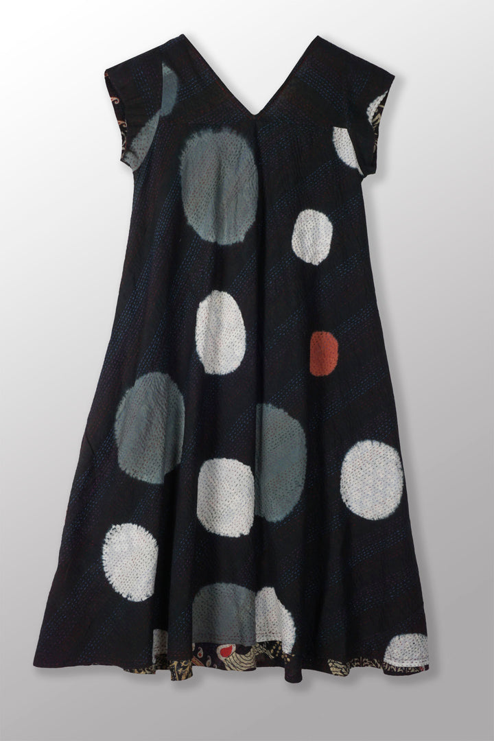 PATCH & CIRCLE PRINT KANTHA CAP SLV. FLARE DRESS - pc2425-blk -