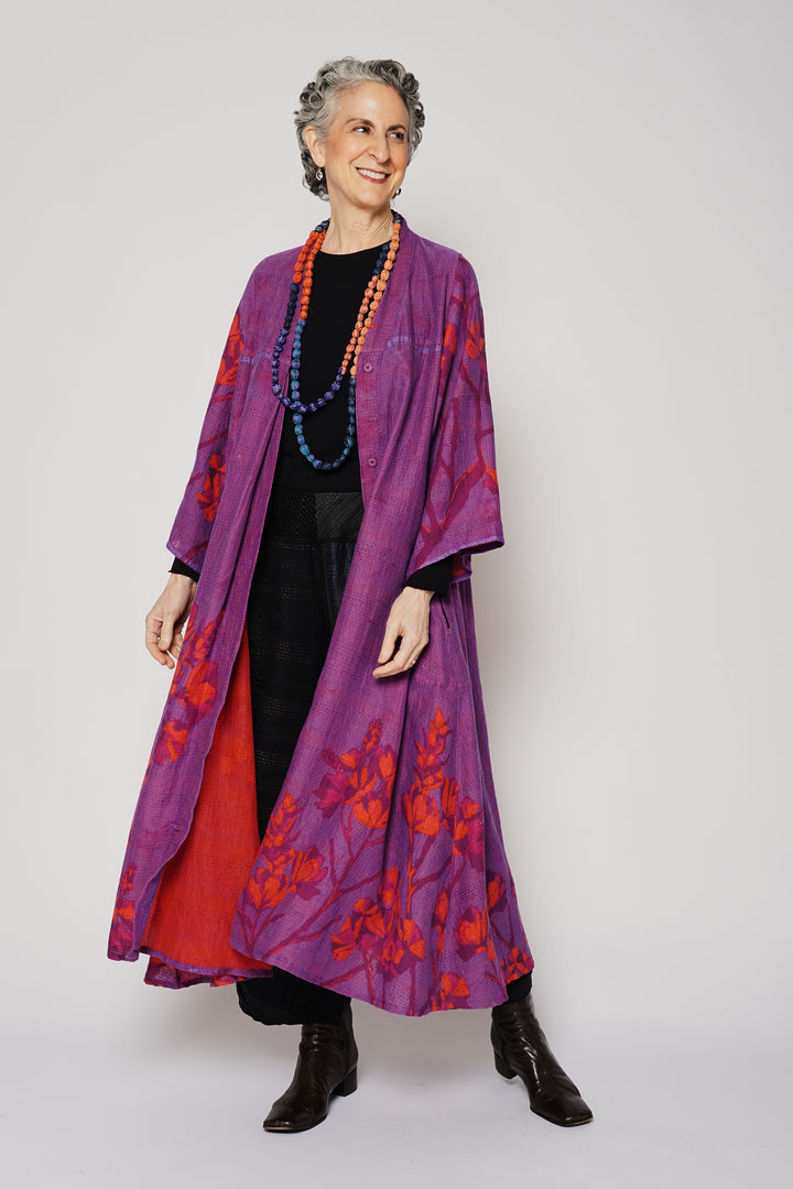 BLOOMING FLOWERS KANTHA V-NECK FLARE SLEEVE DRESS - bf2445-prp -