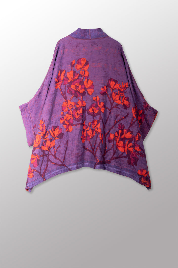 BLOOMING FLOWERS KANTHA DOUBLE COLLAR PONCHO - bf4323-prp -