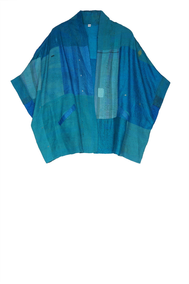 COTTON SILK SW PATCH KANTHA MINI PONCHO - ws2060-tuq -