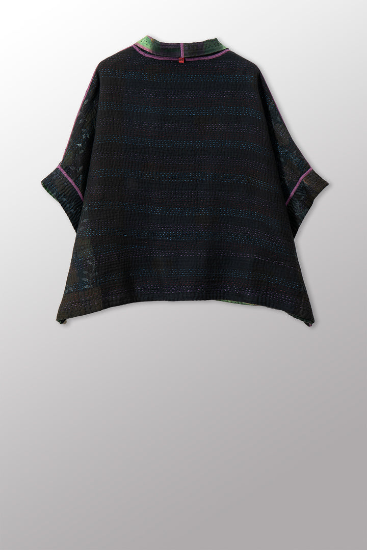 VINTAGE COTTON GREY CLAMP TIE DYE KANTHA MINI PONCHO - su4060-0004a -