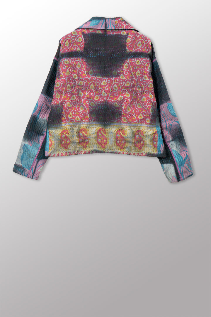 VINTAGE COTTON GREY CLAMP TIE DYE KANTHA NEW LAPELED SHORT JACKET - su4j101-0001s -