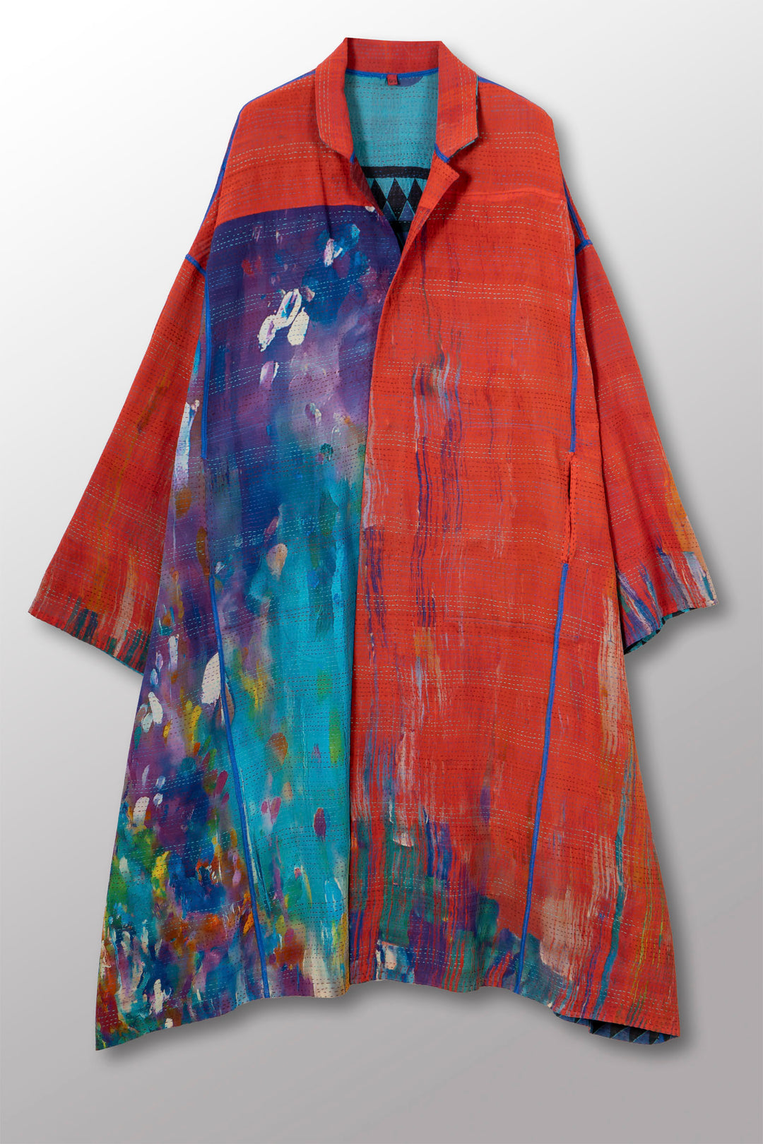 VINTAGE SILK GEORGETTE COTTON KANTHA NEW OVERSIZED COAT - gc2342-0001a -