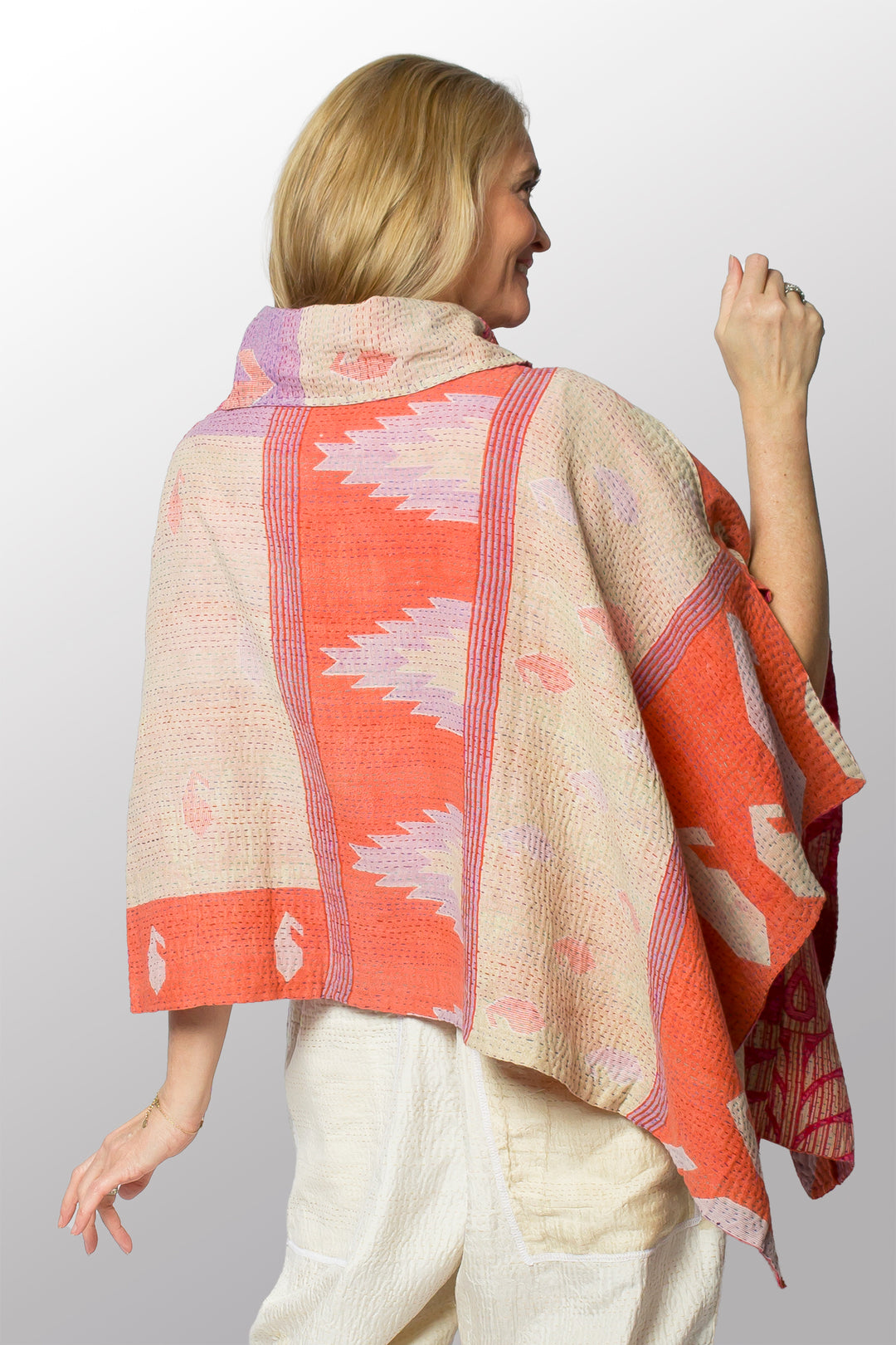 VINTAGE COTTON KANTHA COWL NECK LONG CAPE - cv2842-0006a -