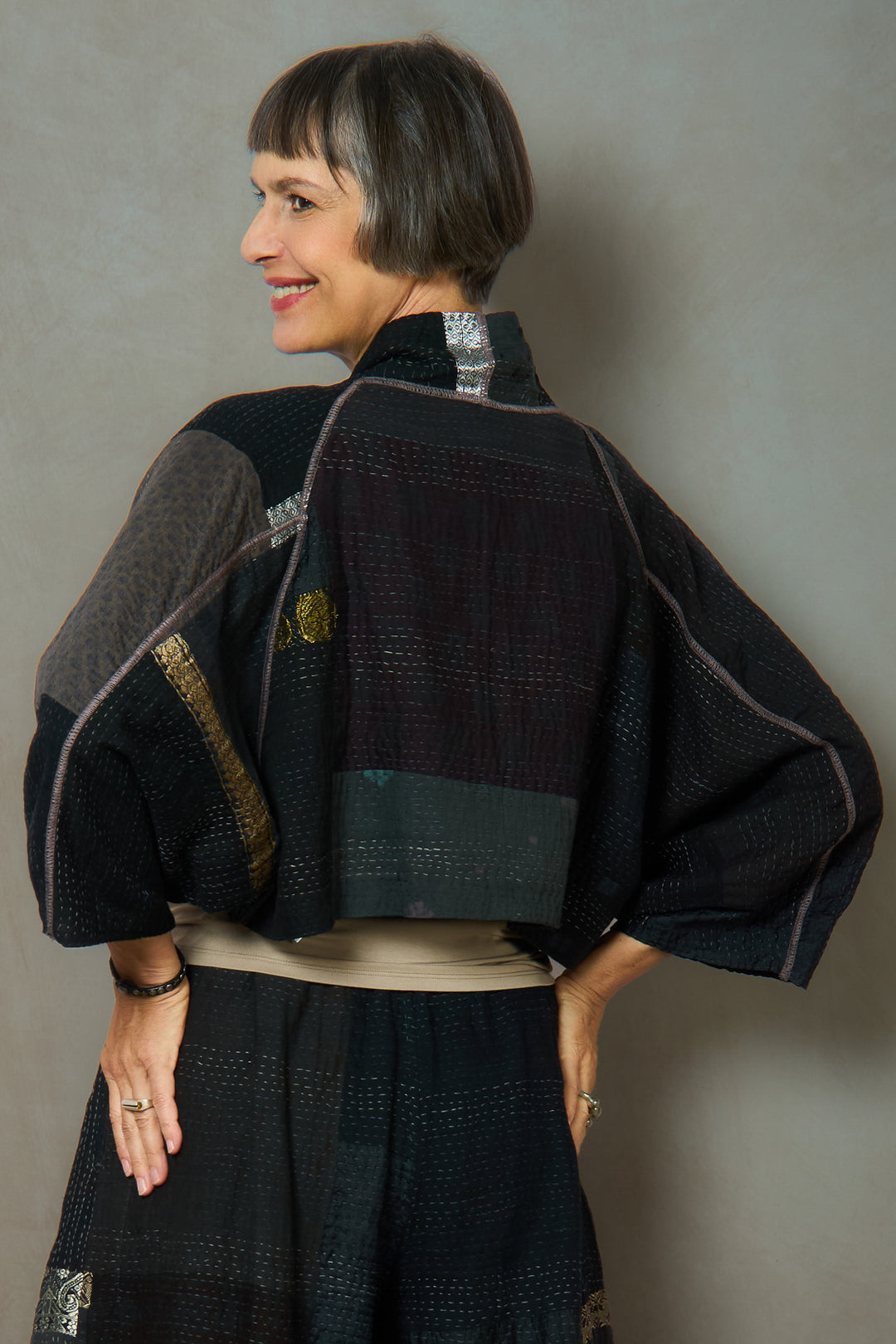 COTTON SILK SW PATCH KANTHA PUFF SLV. SHRUG - ws2062-blk -