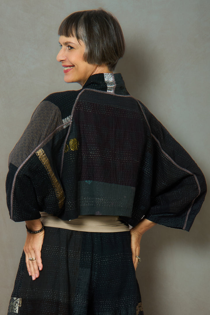 COTTON SILK SW PATCH KANTHA PUFF SLV. SHRUG - ws2062-blk -