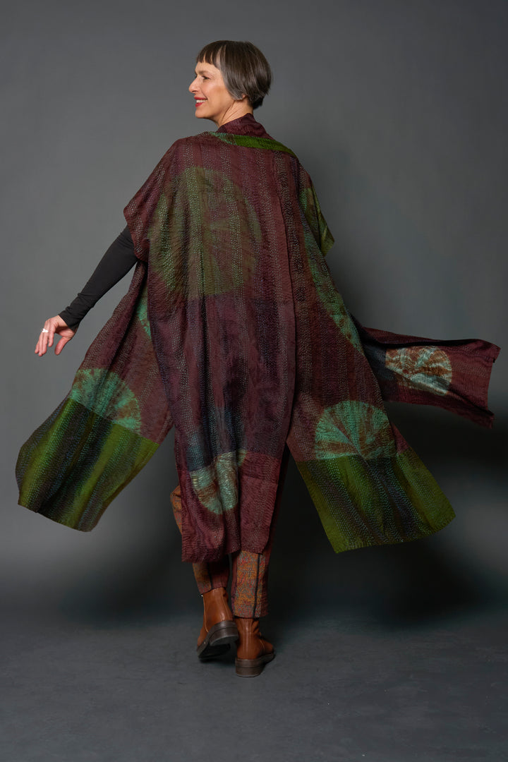 JACQUARD SILK PATCH TIE DYE CIRCLE SHIBORI KANTHA PONCHO DRESS - wj2443-grn -