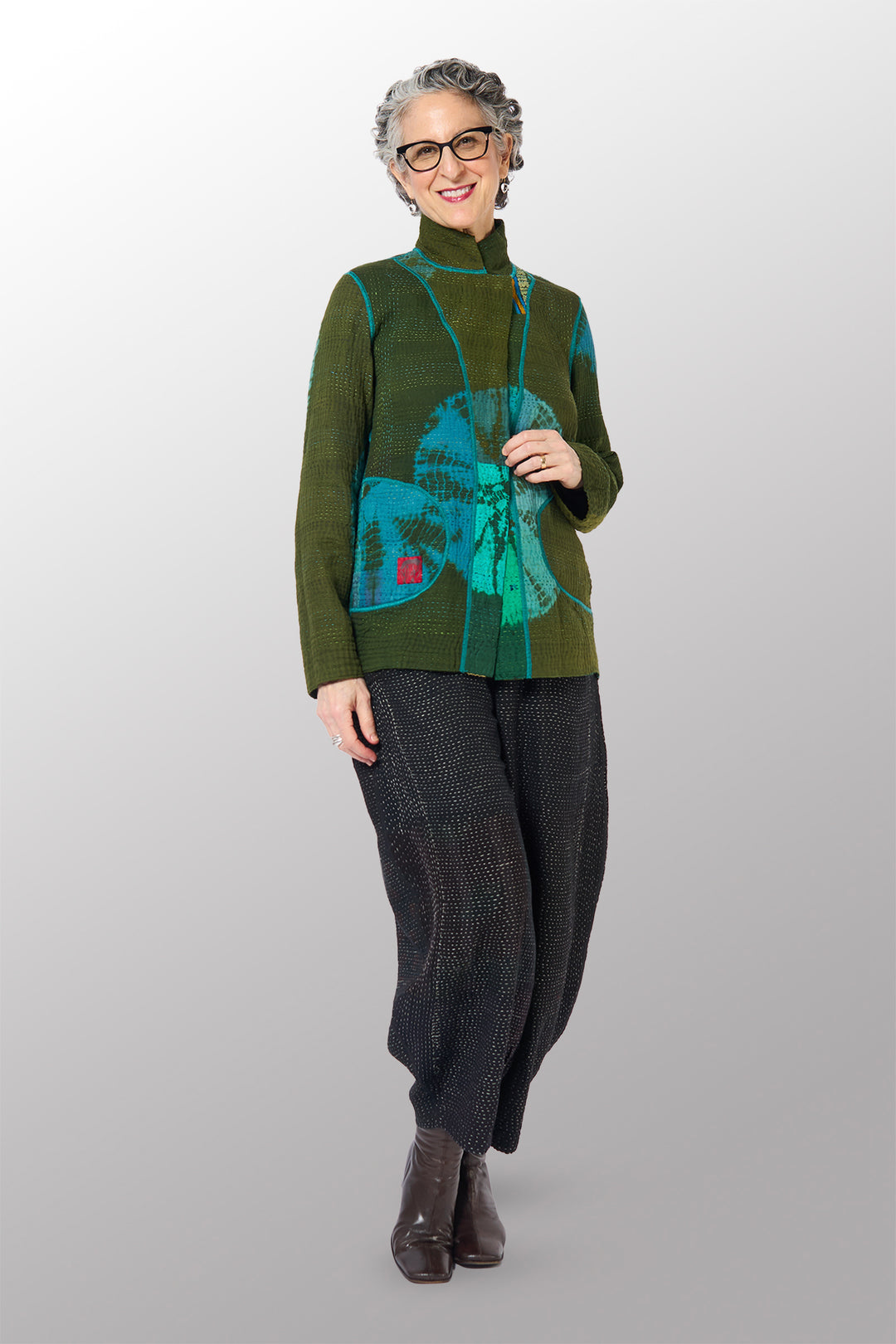 SHIBORI TIE DYE COTTON SILK SW PATCH KANTHA SIMPLE JKT - st-ws4022-grn -