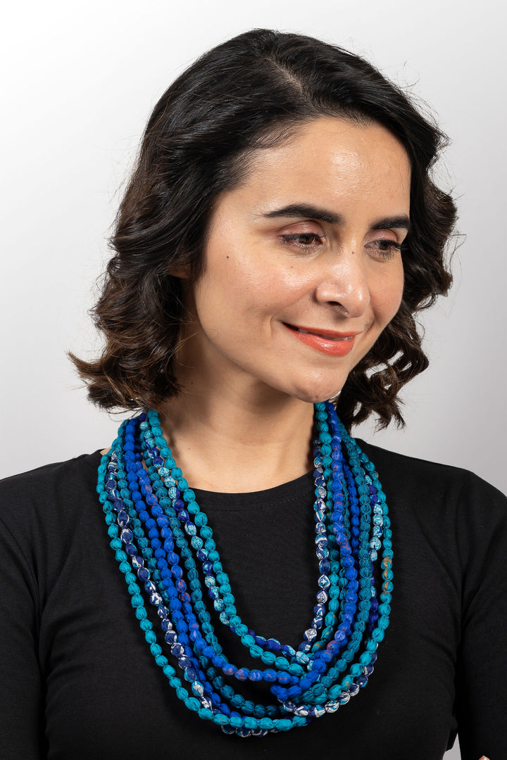 VINTAGE SILK KANTHA SEED NECKLACE - sv2721-blu -