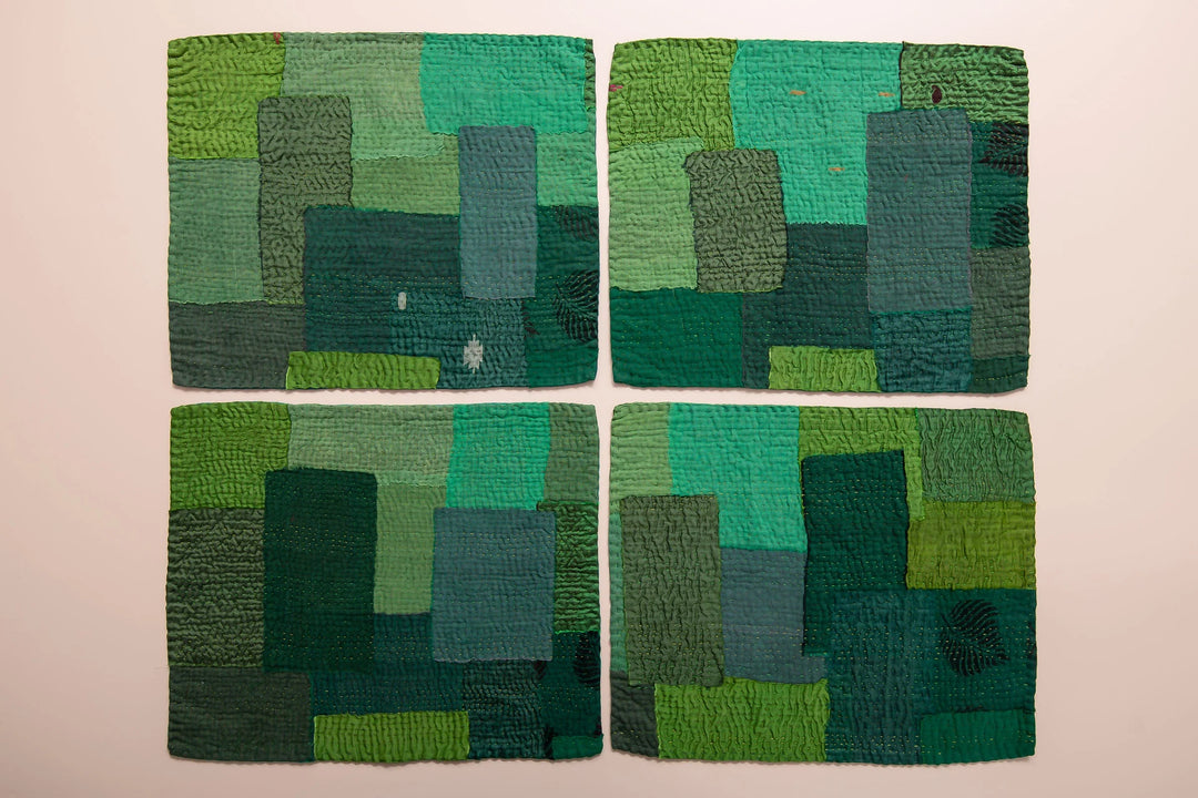 Landscape Fray Patch Vintage Kantha Placemat -Green (Set of 2)