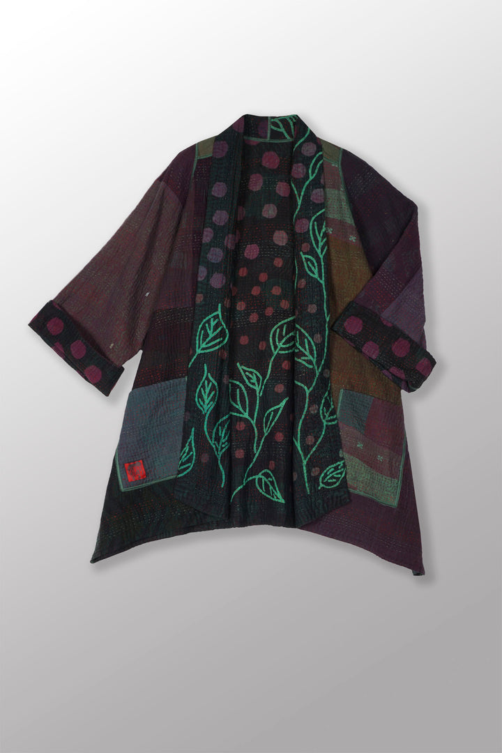 OVERDYED POLKA DOTS & LEAVES KANTHA A-LINE JACKET - dl4003-grn -