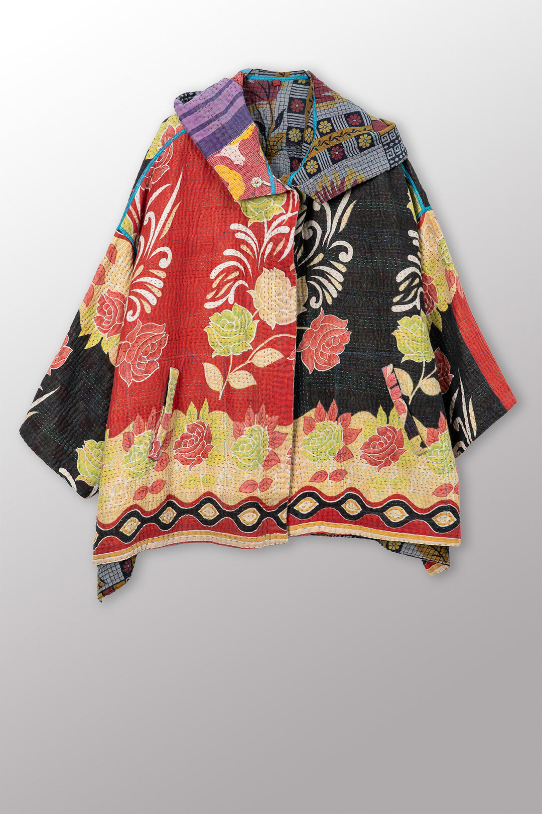 VINTAGE COTTON KANTHA HOODIE PONCHO - cv4064-0039a -