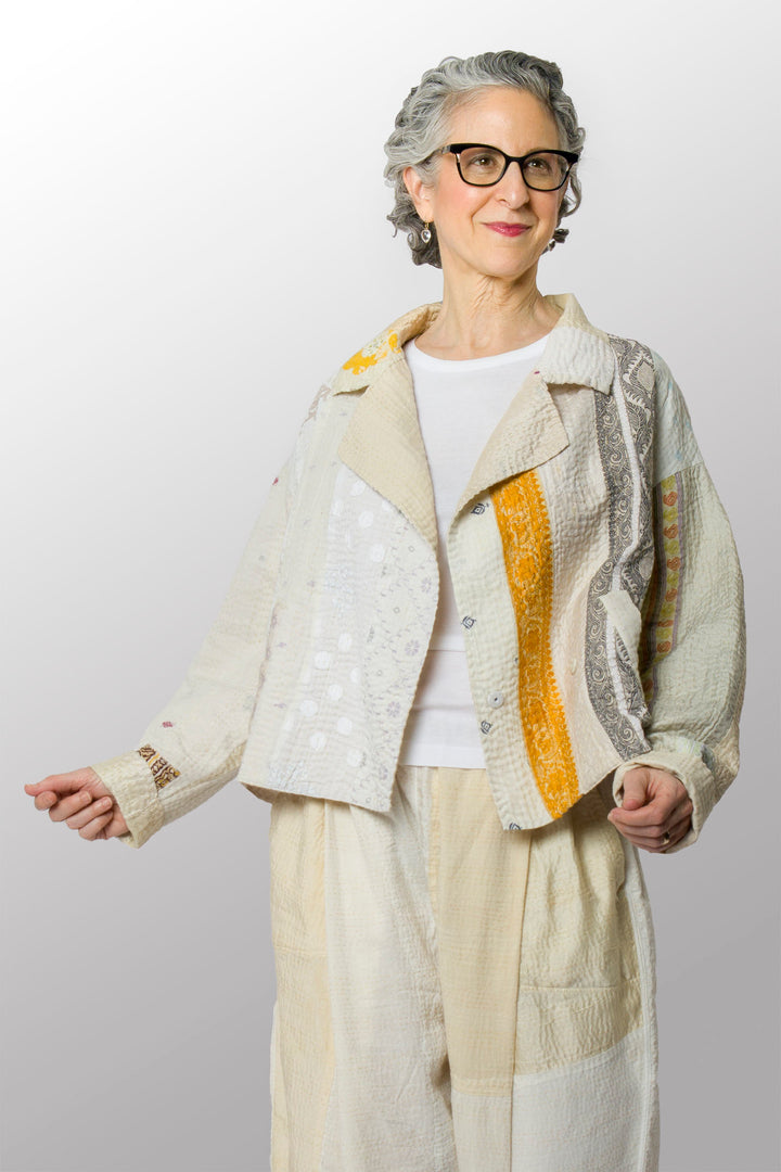 JEWEL WOVEN WITH VERTICAL PATCH KANTHA LAPELED SHORT JACKET - jv4081-ivy -