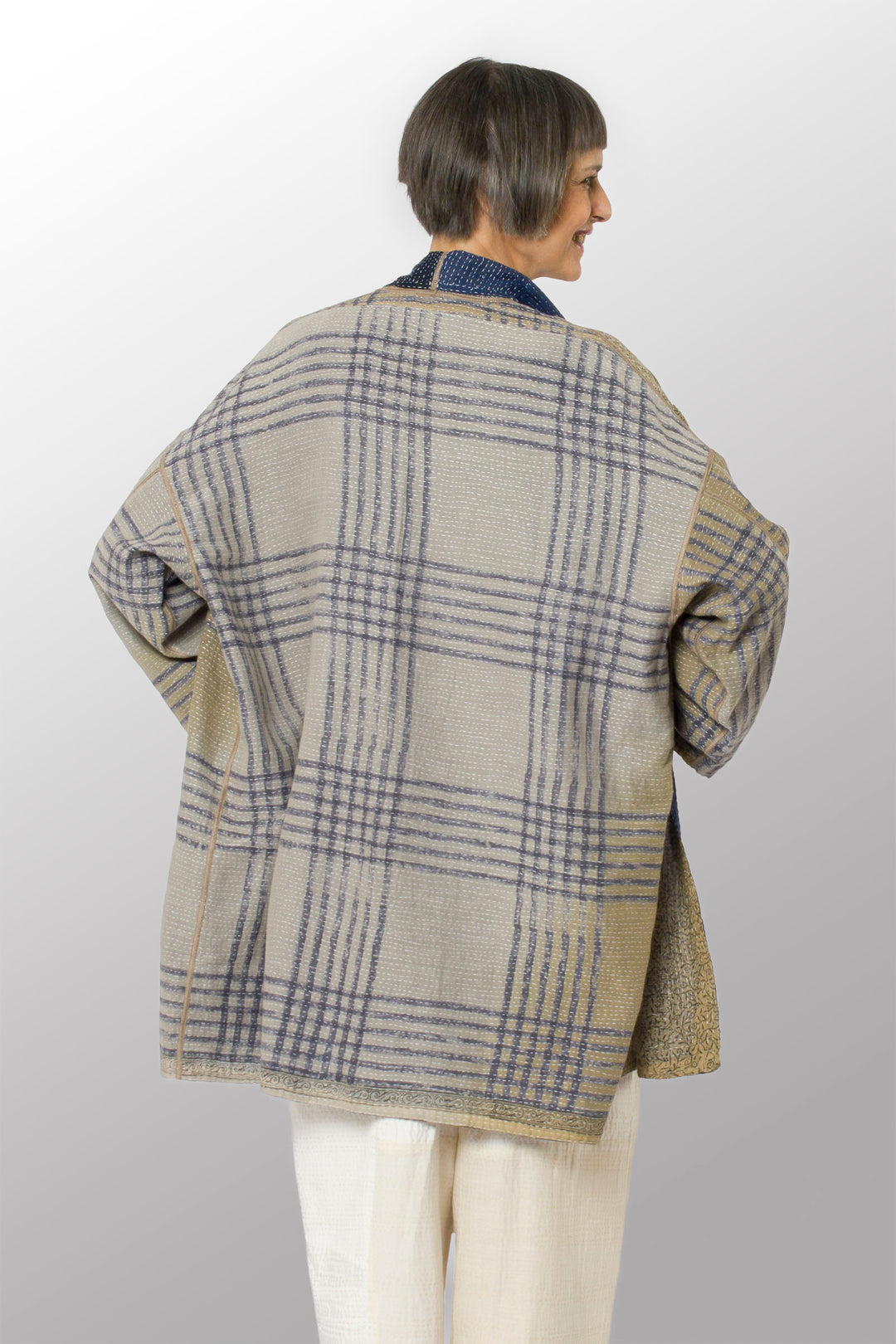 INDONESIAN PRINT VINTAGE INDIGO BACKING KANTHA HAORI JACKET - bi2068-blu -