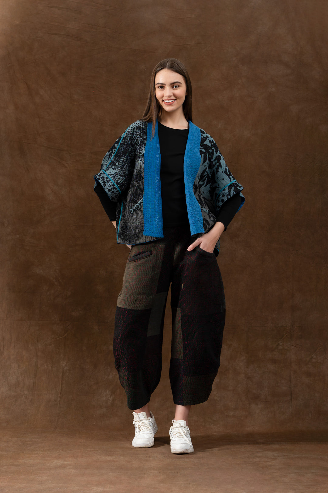 MONOTONE TWILIGHT PRINT KANTHA MINI PONCHO - tp4060-blu -