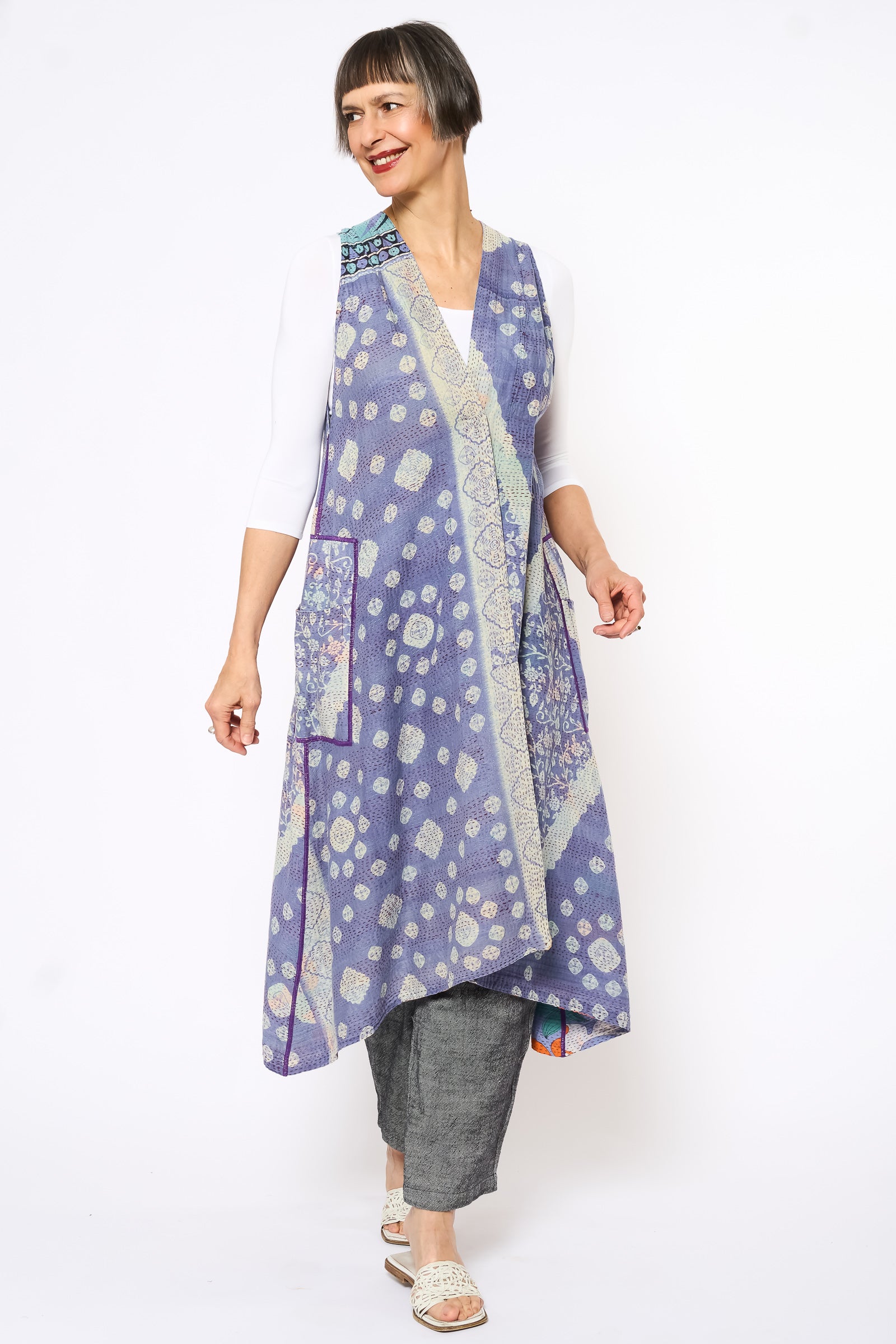 VINTAGE COTTON KANTHA BACK PLEATED VEST MAXI - cv2222-0008a