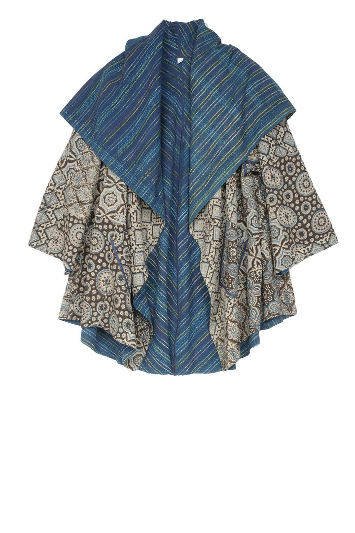 AJRAKH PRINT KANTHA CIRCULAR LONG JACKET - aj2009-blu -