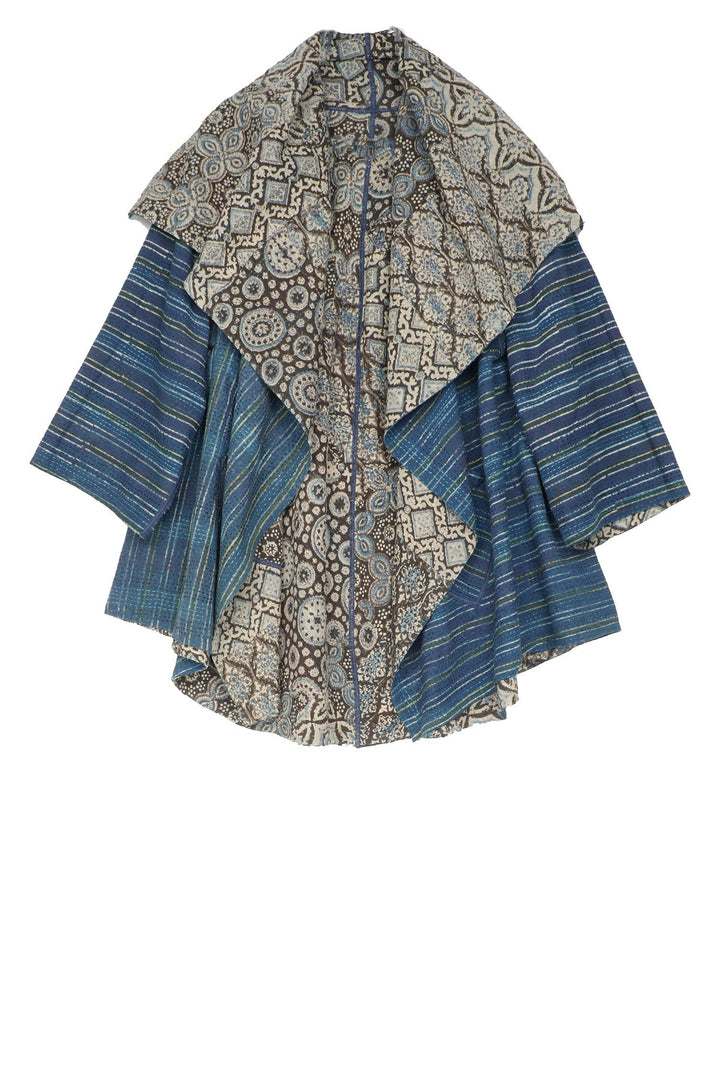 AJRAKH PRINT KANTHA CIRCULAR LONG JACKET - aj2009-blu -