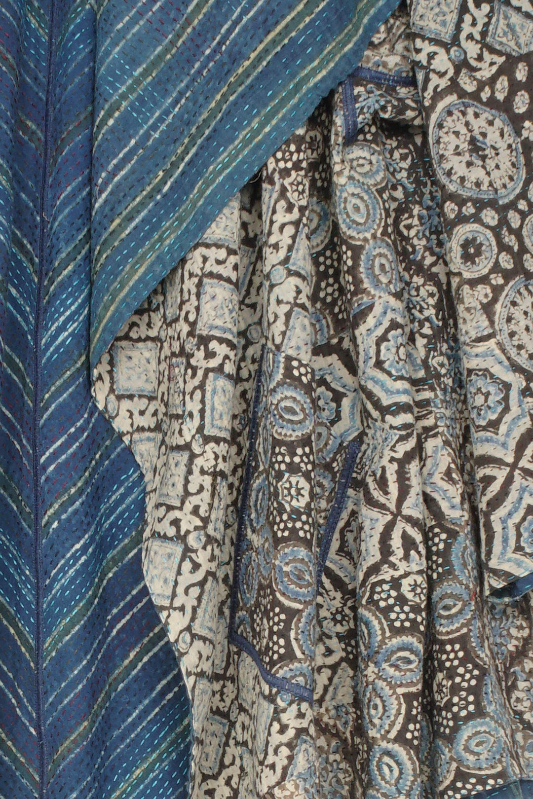 AJRAKH PRINT KANTHA CIRCULAR LONG JACKET - aj2009-blu -