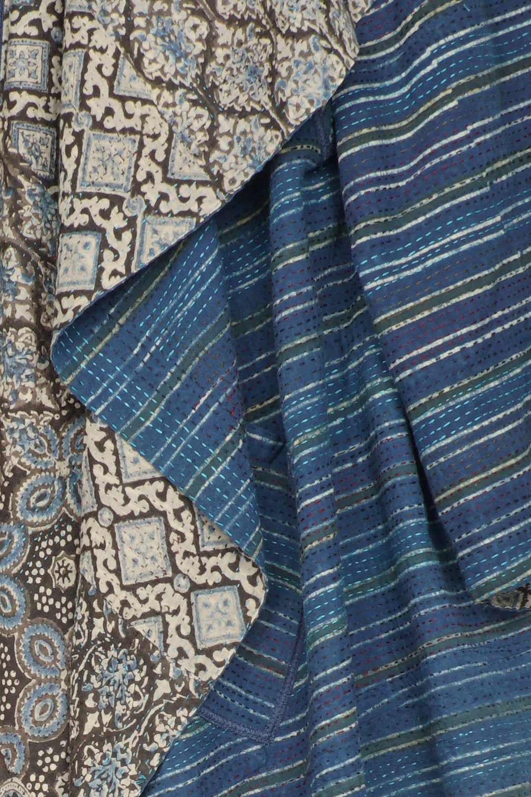 AJRAKH PRINT KANTHA CIRCULAR LONG JACKET - aj2009-blu -