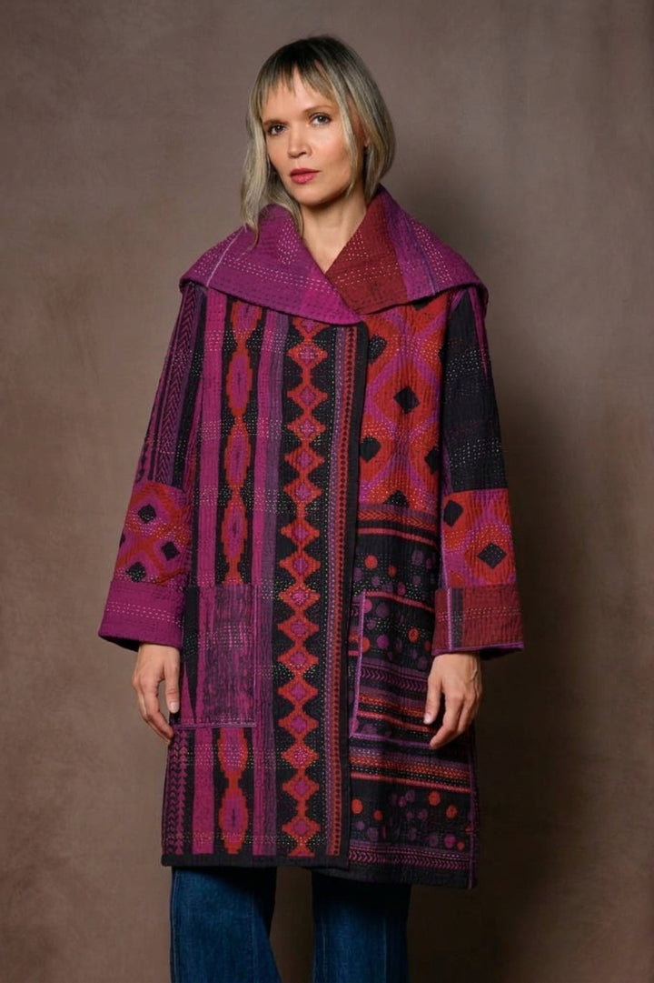 OVERDYED MONOTONE IKAT KANTHA POCKET MEDIUM COAT - ov-mi4316-pik -