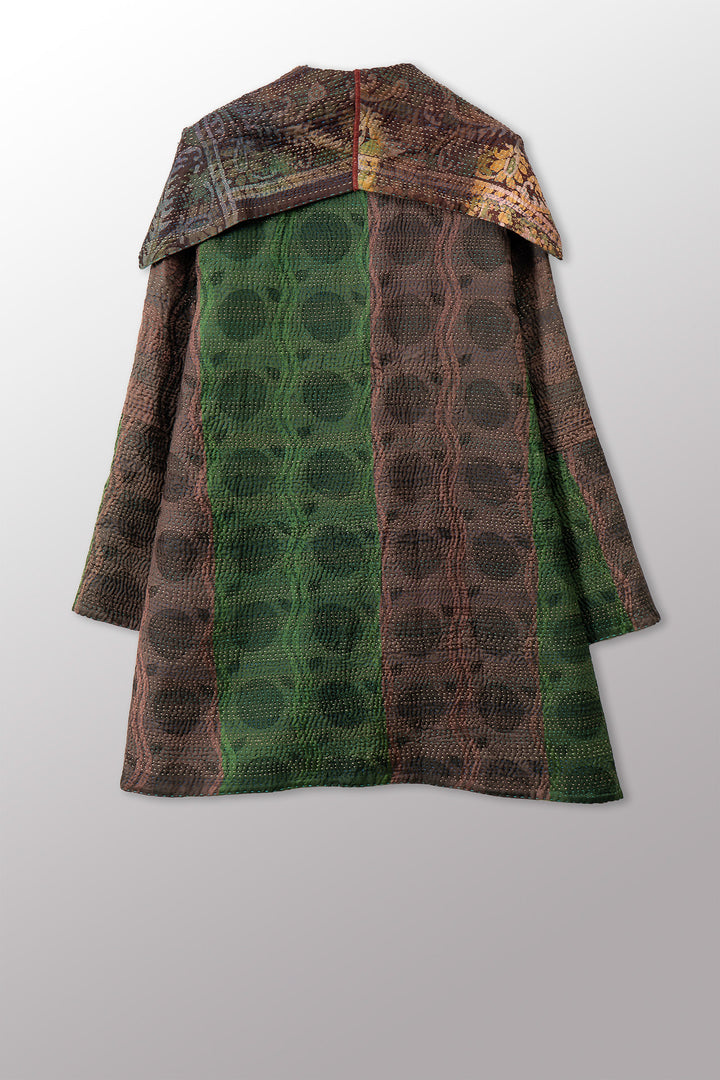 VINTAGE PRINTED SILK CLAMP DYE WITH JACQUARD KANTHA POCKET COAT - sk4301-0001a -