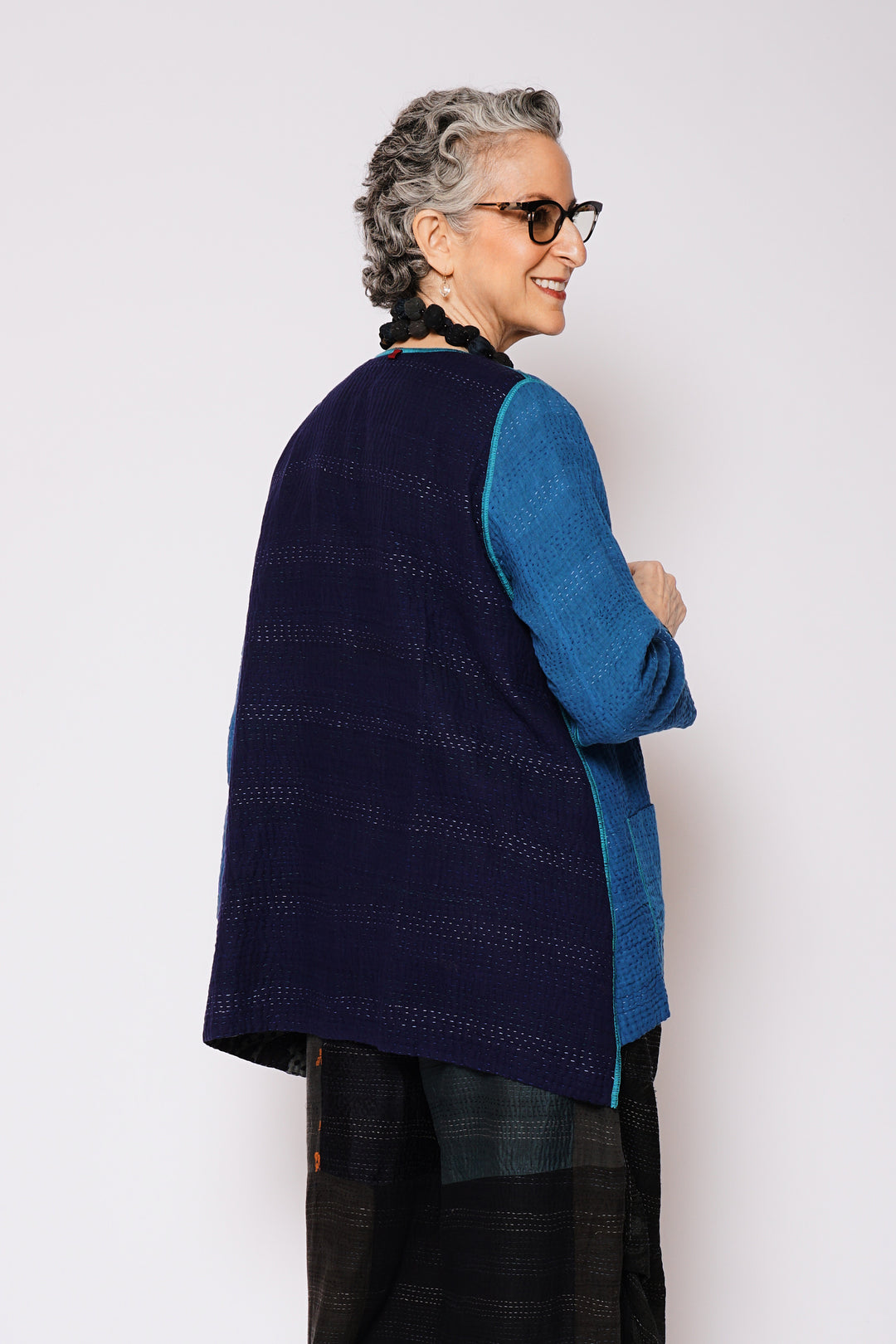 MONOTONE TWILIGHT PRINT KANTHA CREW NECK POCKET JKT - tp4025-blu -