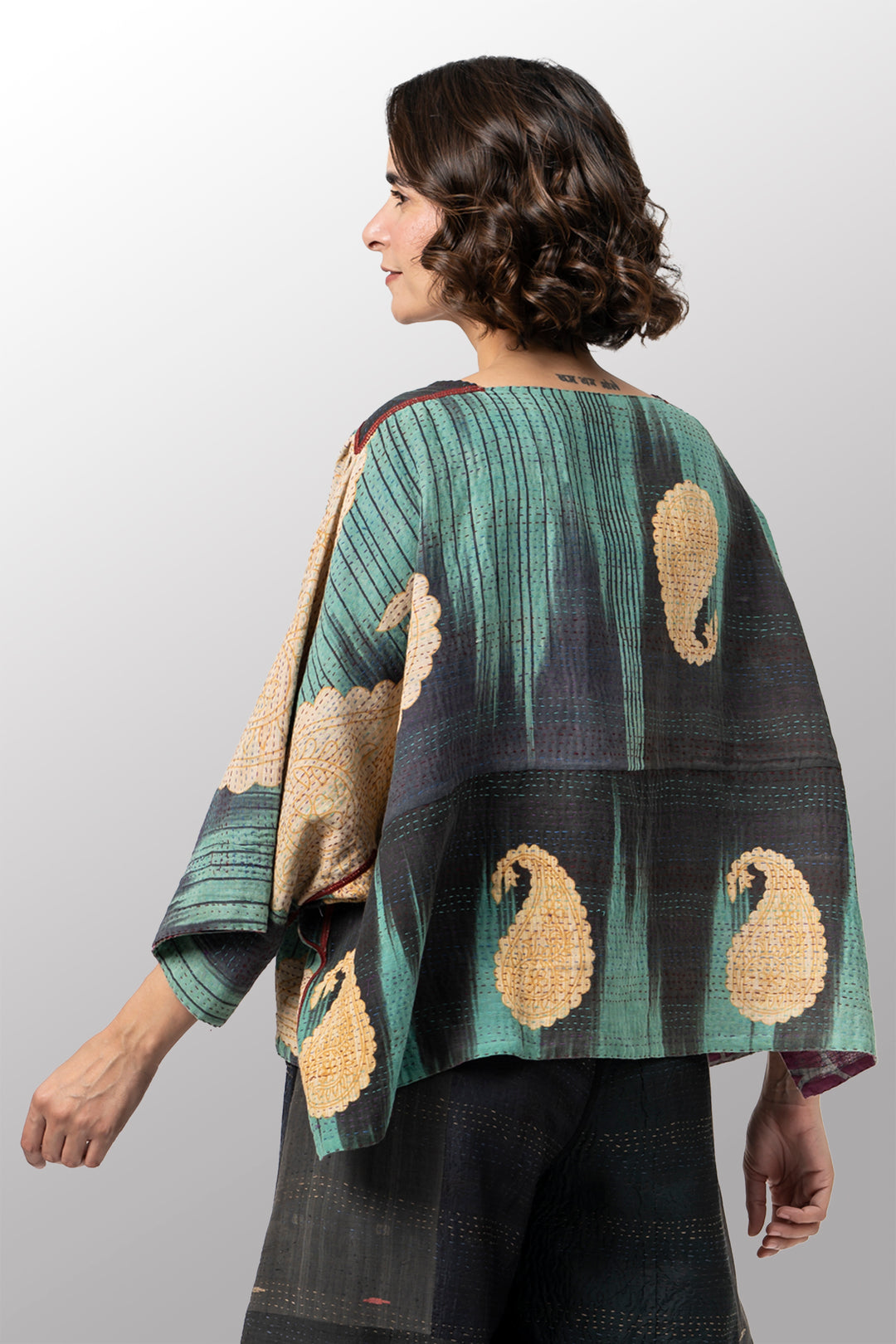 VINTAGE COTTON KANTHA 3/4 SLV. CROP TOP MIO - cv2538-0030a -