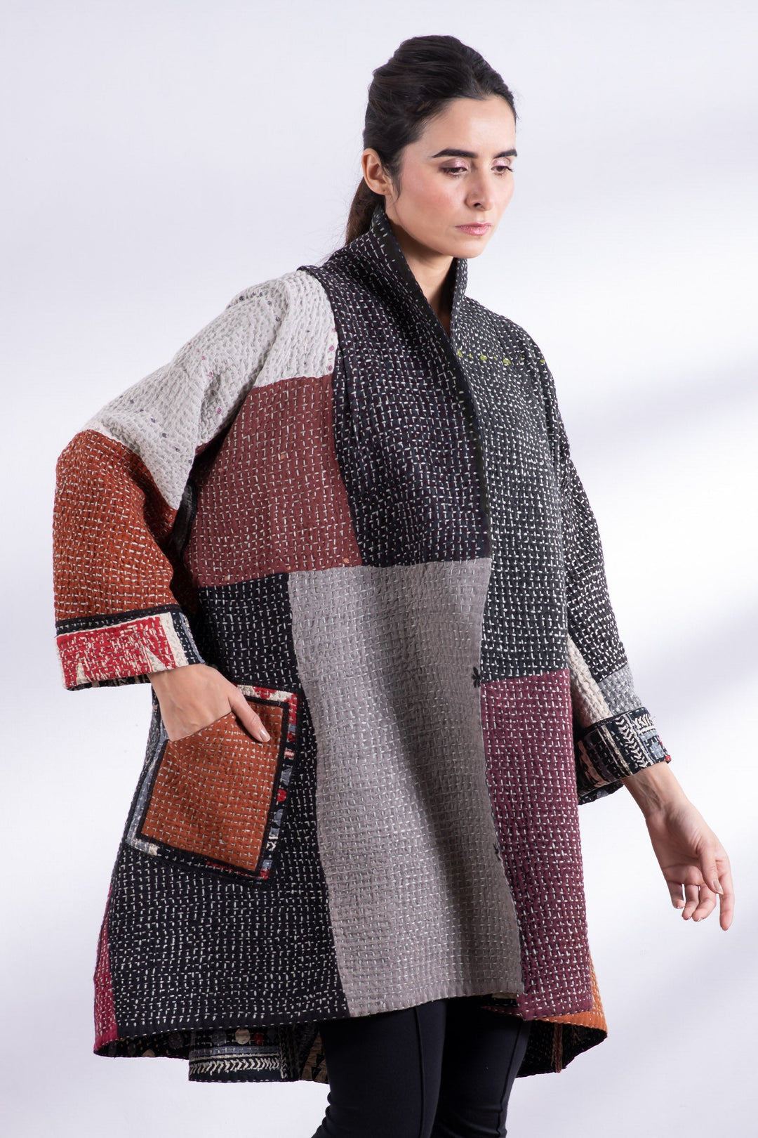 WAFFLE IKAT KANTHA KIMONO LONG JACKET - wi3005-red -