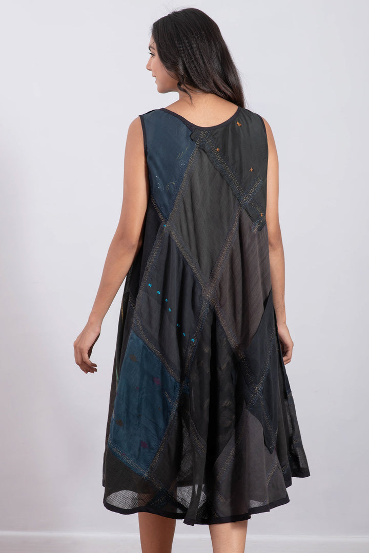 MOSAIC TILE PATCH KANTHA FULL CIRCULAR DRESS CITY - mt1421-blk -