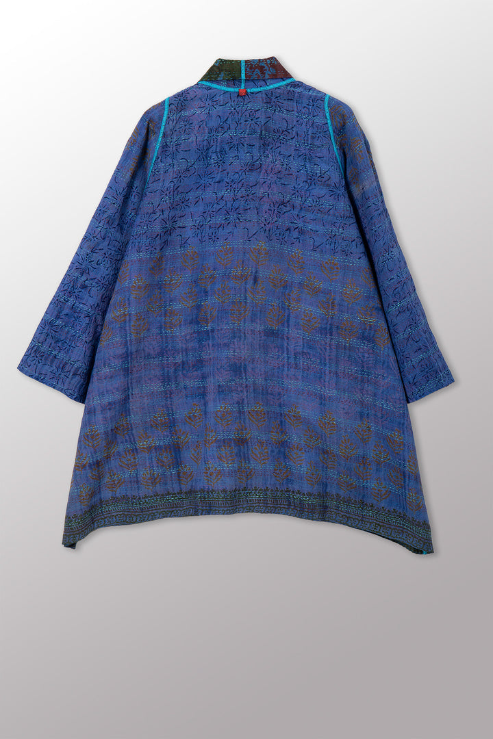 VINTAGE SILK GEORGETTE COTTON KANTHA A-LINE JKT - gc2003-0040a -