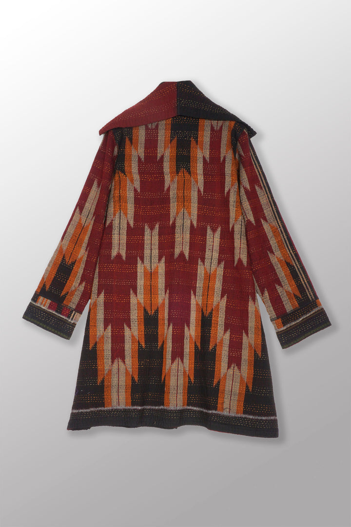 WOVEN HANDLOOM IKAT WITH OMBRE KANTHA POCKET MEDIUM COAT - wh4316-red -