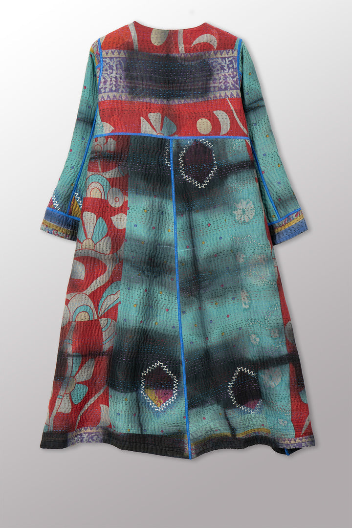 VINTAGE COTTON GREY CLAMP TIE DYE KANTHA WRAP FLARE COAT - su4330-0002a -