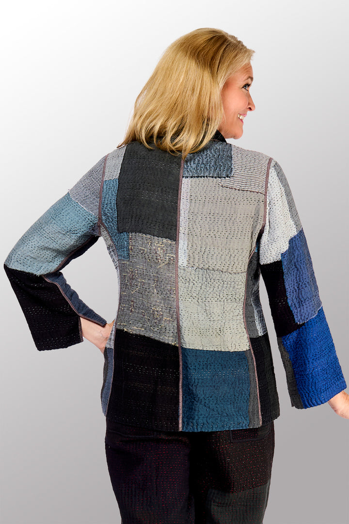 TWO TONE PATCH KANTHA SHORT JACKET - tn4007-blk -