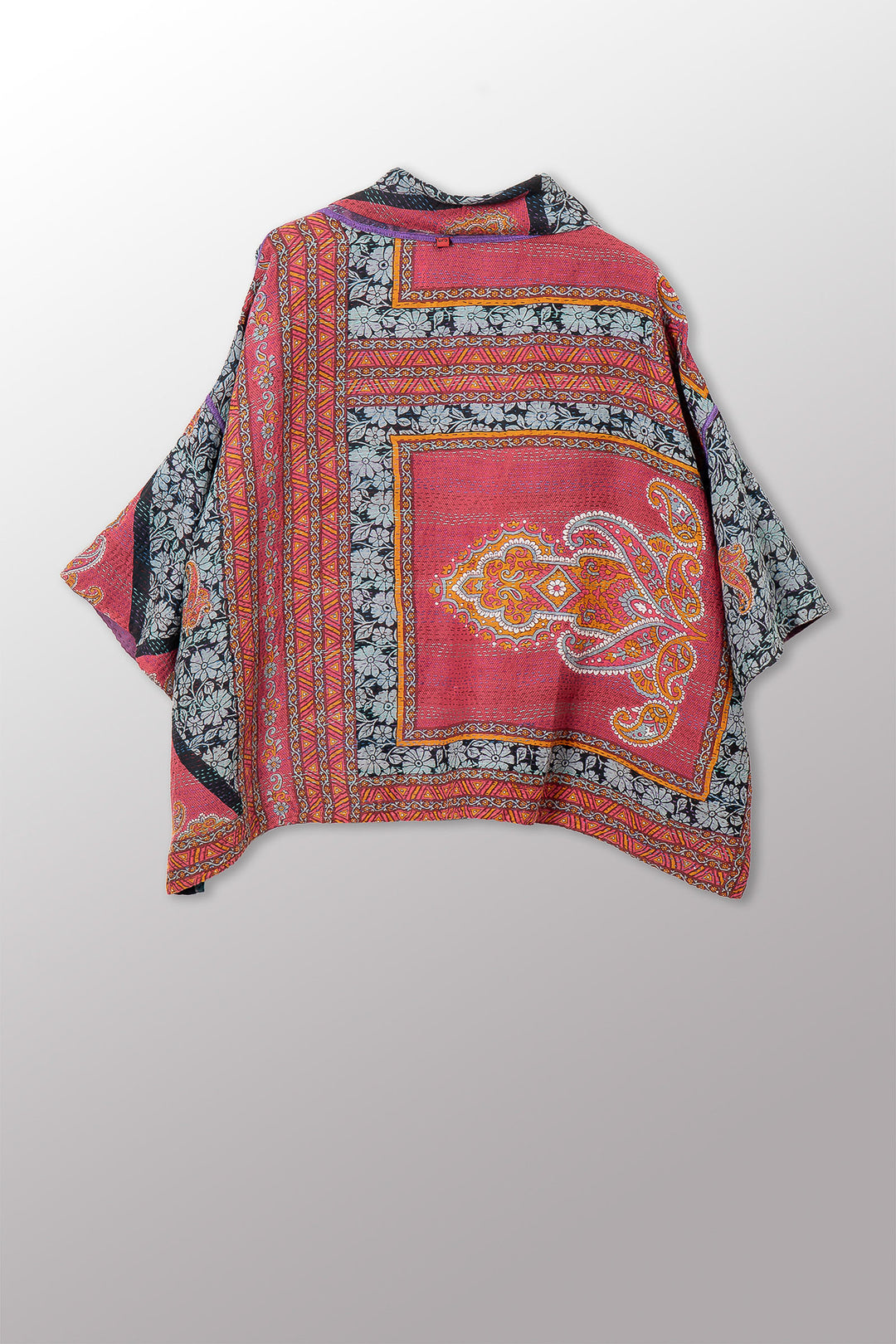 VINTAGE SILK GEORGETTE COTTON KANTHA COWL NECK PONCHO - gc2061-0003a -