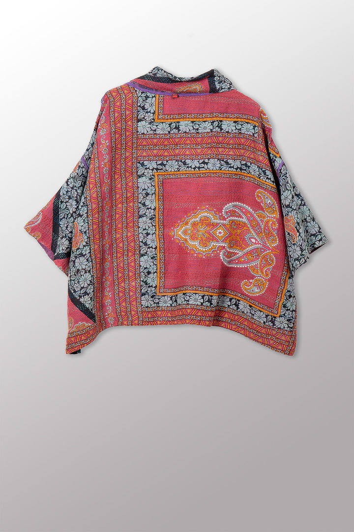 VINTAGE SILK GEORGETTE COTTON KANTHA COWL NECK PONCHO - gc2061-0003a -