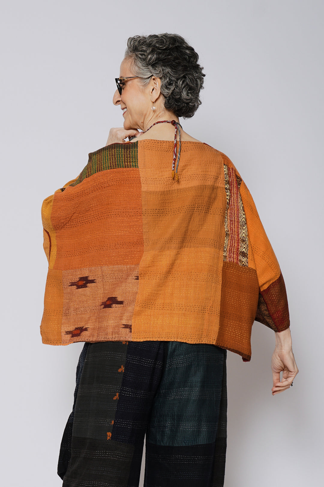 BROCADE PATCHED KANTHA 3/4 SLV. CROP TOP MIO - bp2538-org -