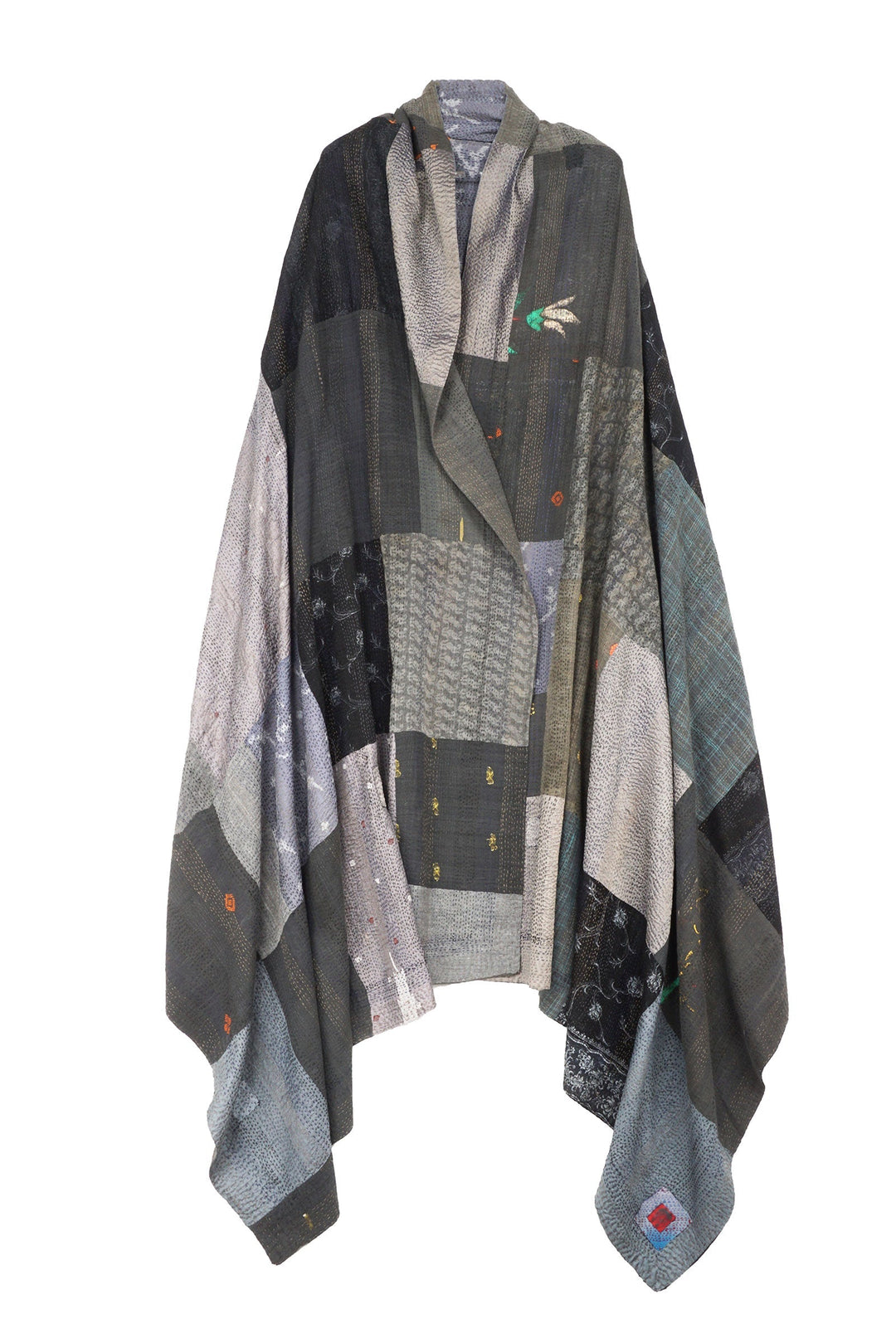 COTTON SILK SW PATCH KANTHA SHAWL X-LARGE - ws2804-gry -