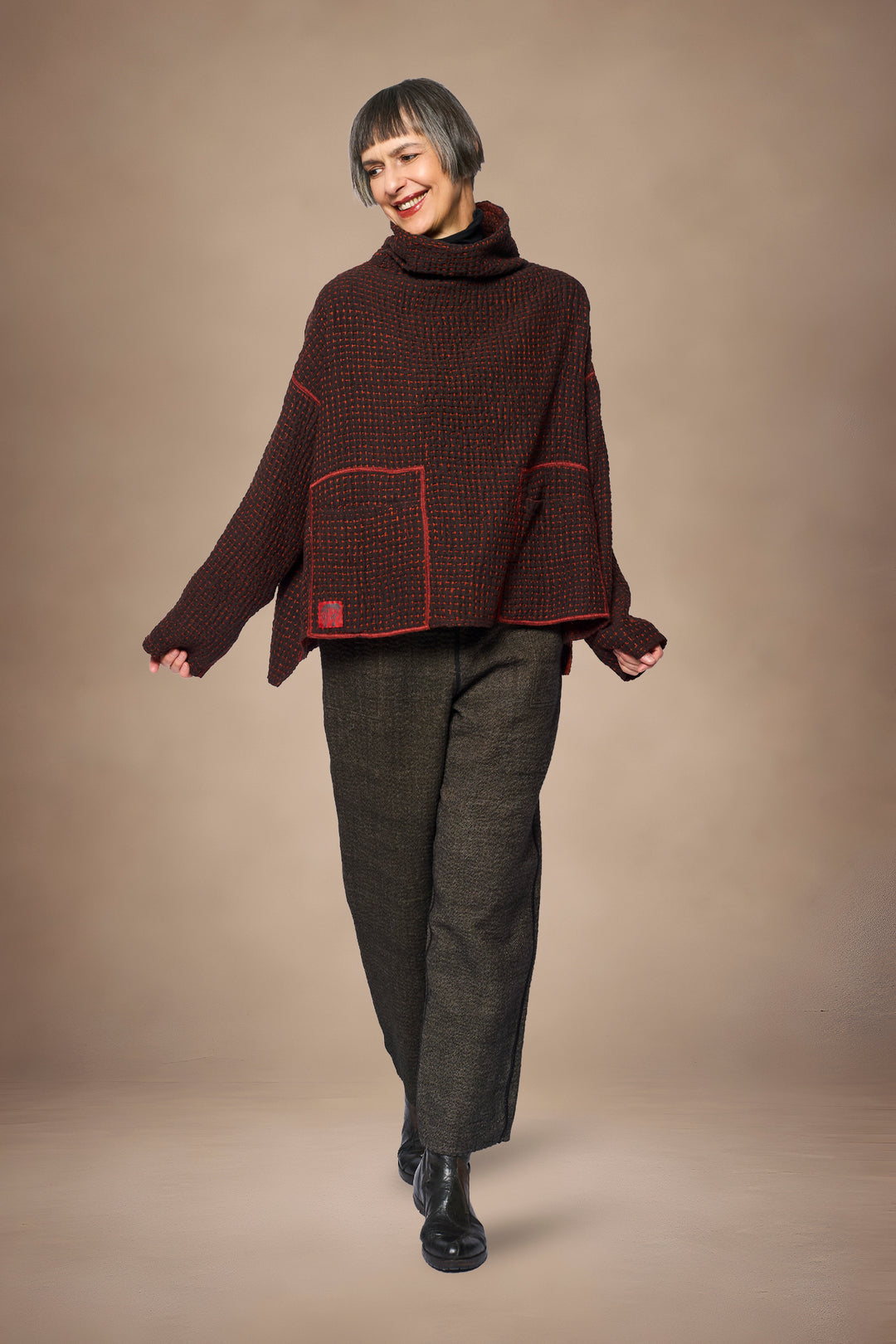 ABSTRACT WAFFLE KANTHA FUNNEL NECK PULLOVER - bw3t106-org -