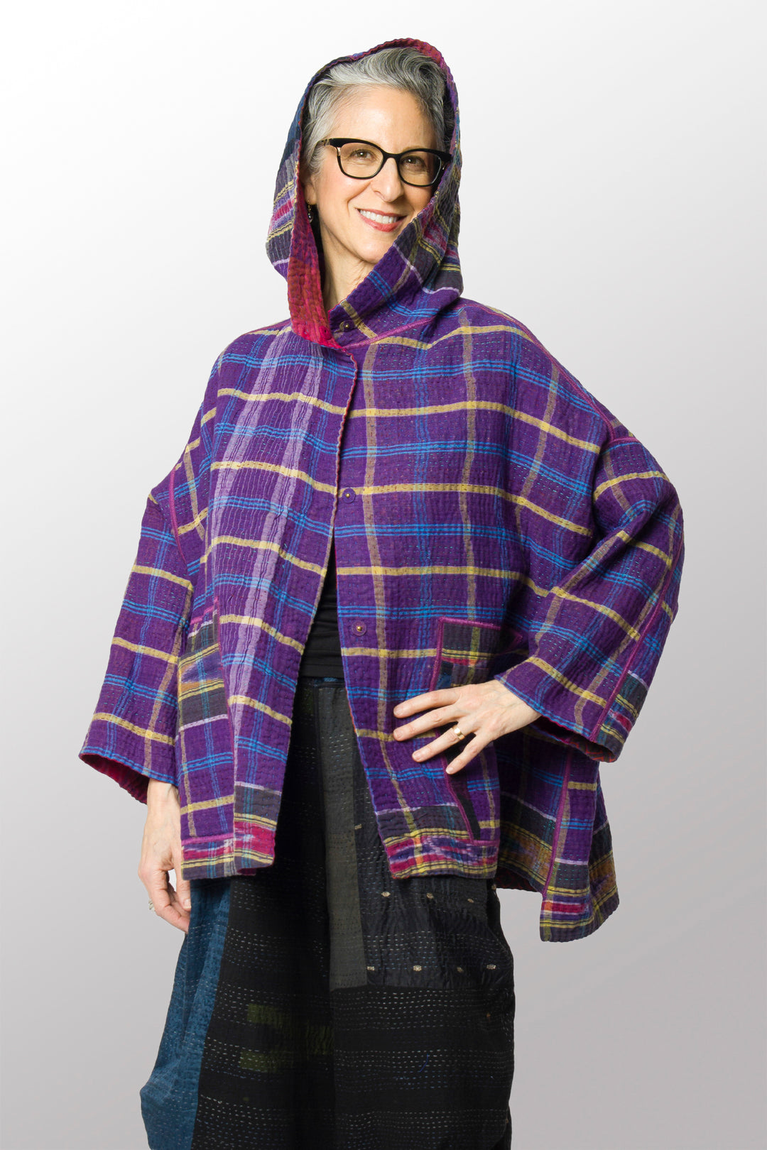 VINTAGE COTTON KANTHA HOODIE PONCHO - cv4064-0028a -