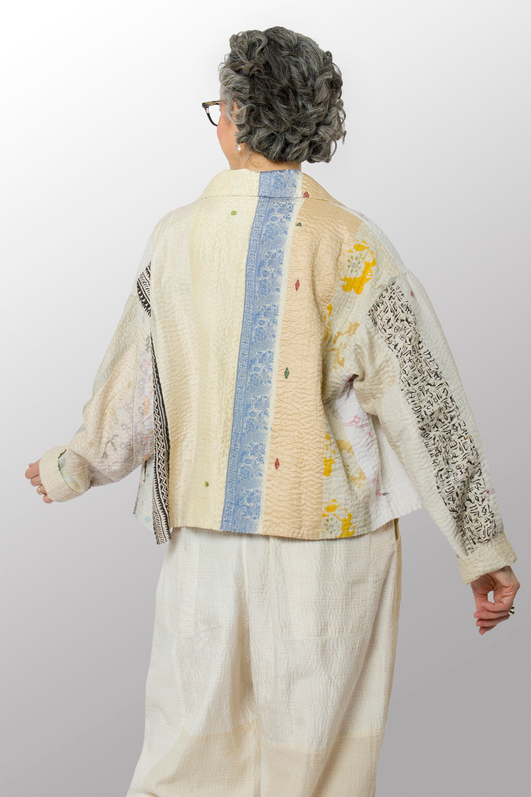 JEWEL WOVEN WITH VERTICAL PATCH KANTHA LAPELED SHORT JACKET - jv4081-ivy -