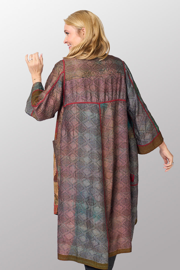 GEORGETTE JACQUARD VINTAGE SILK PATCH KANTHA WRAP FLARE COAT - gj2330-0002a -
