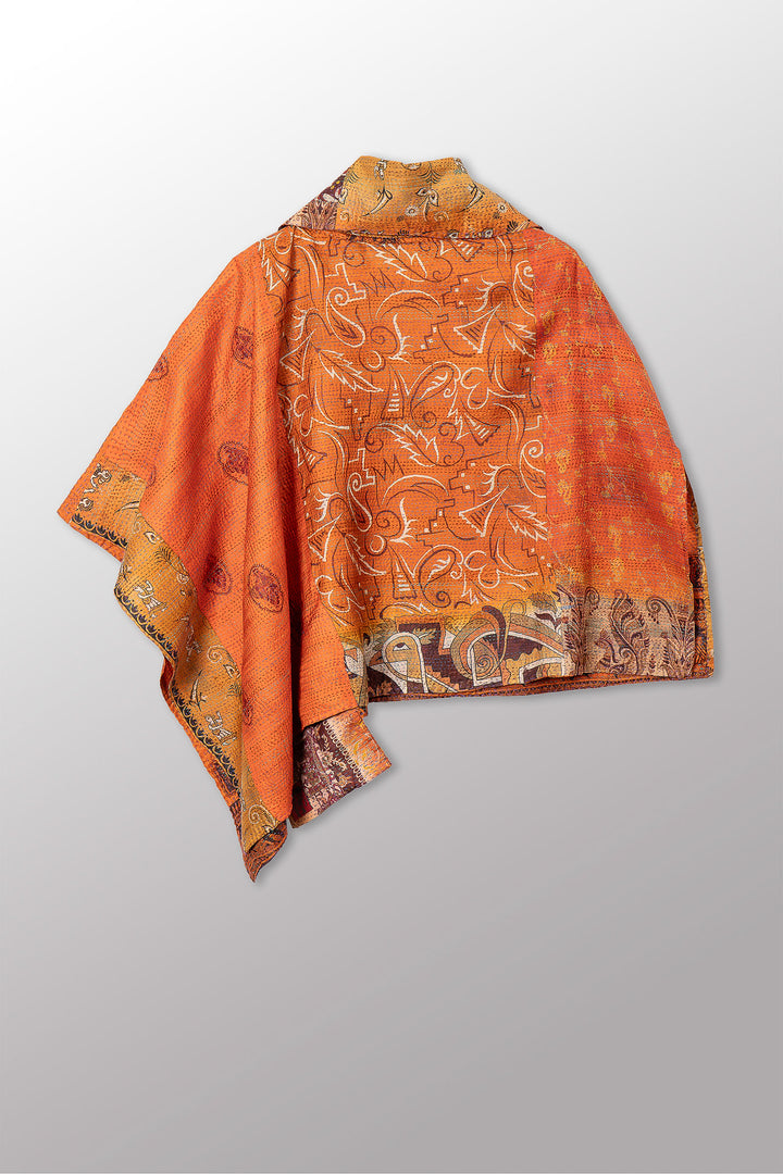 VINTAGE SILK KANTHA COWL NECK LONG CAPE - sv2842-0009a -