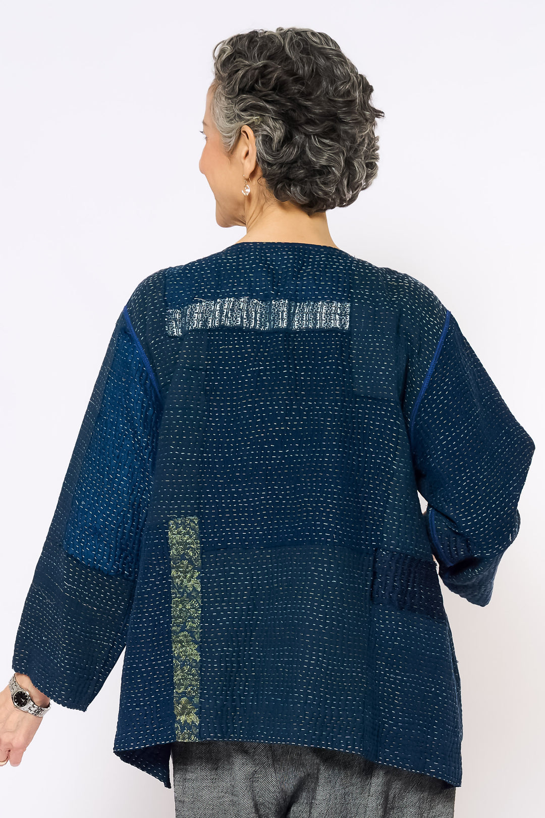 FRAYED PATCH KANTHA A-LINE SHORT JACKET - fi4019-nvy -